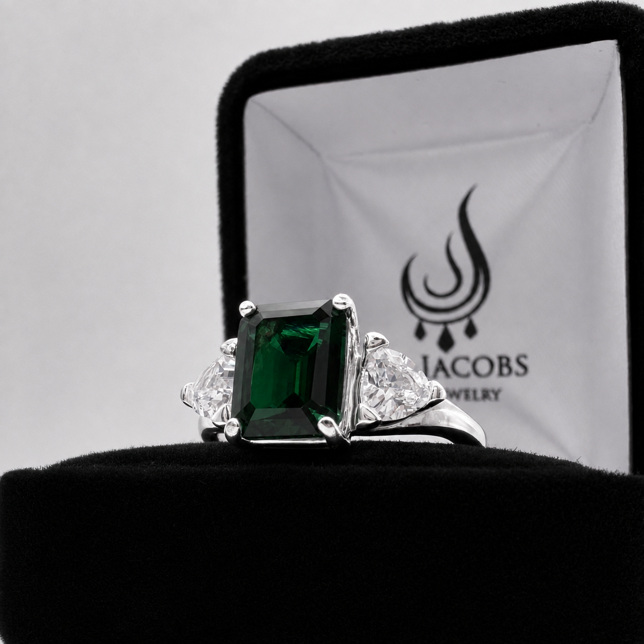 4.5CTW Emerald Cut Lab Emerald Ring | Trillion White Sapphire Three Stone Ring