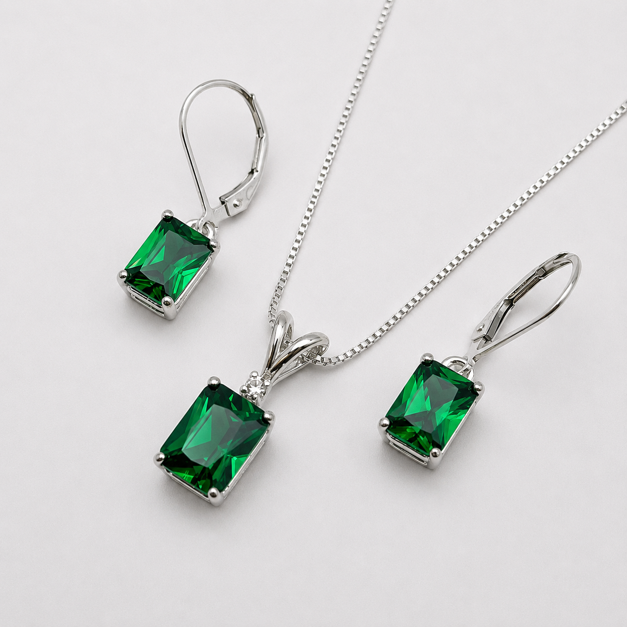 7 CTW Emerald Cut Emerald & White Sapphire Jewelry Set