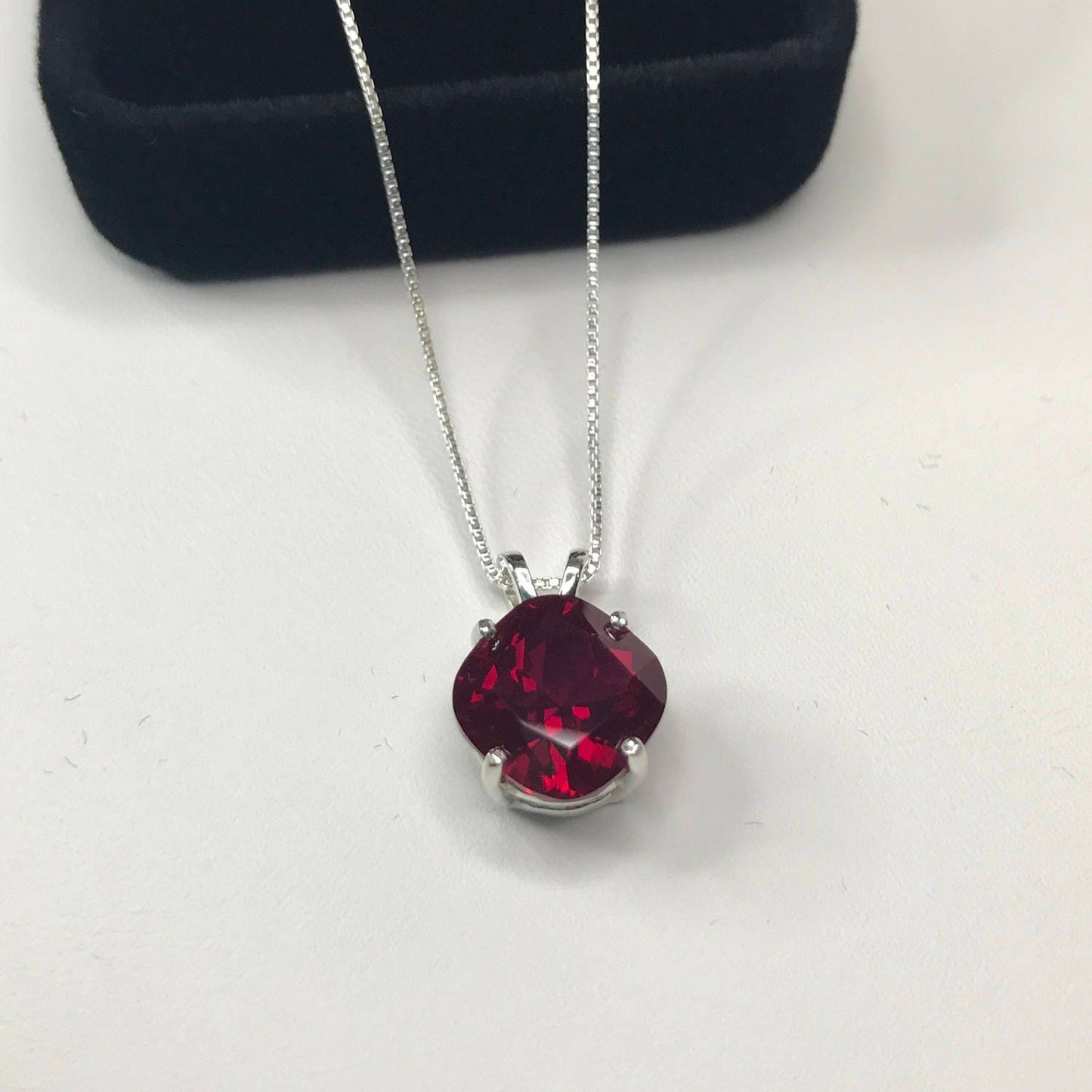 Beautiful 5ct Cushion Cut Lab Grown Ruby Necklace in Sterling Silver