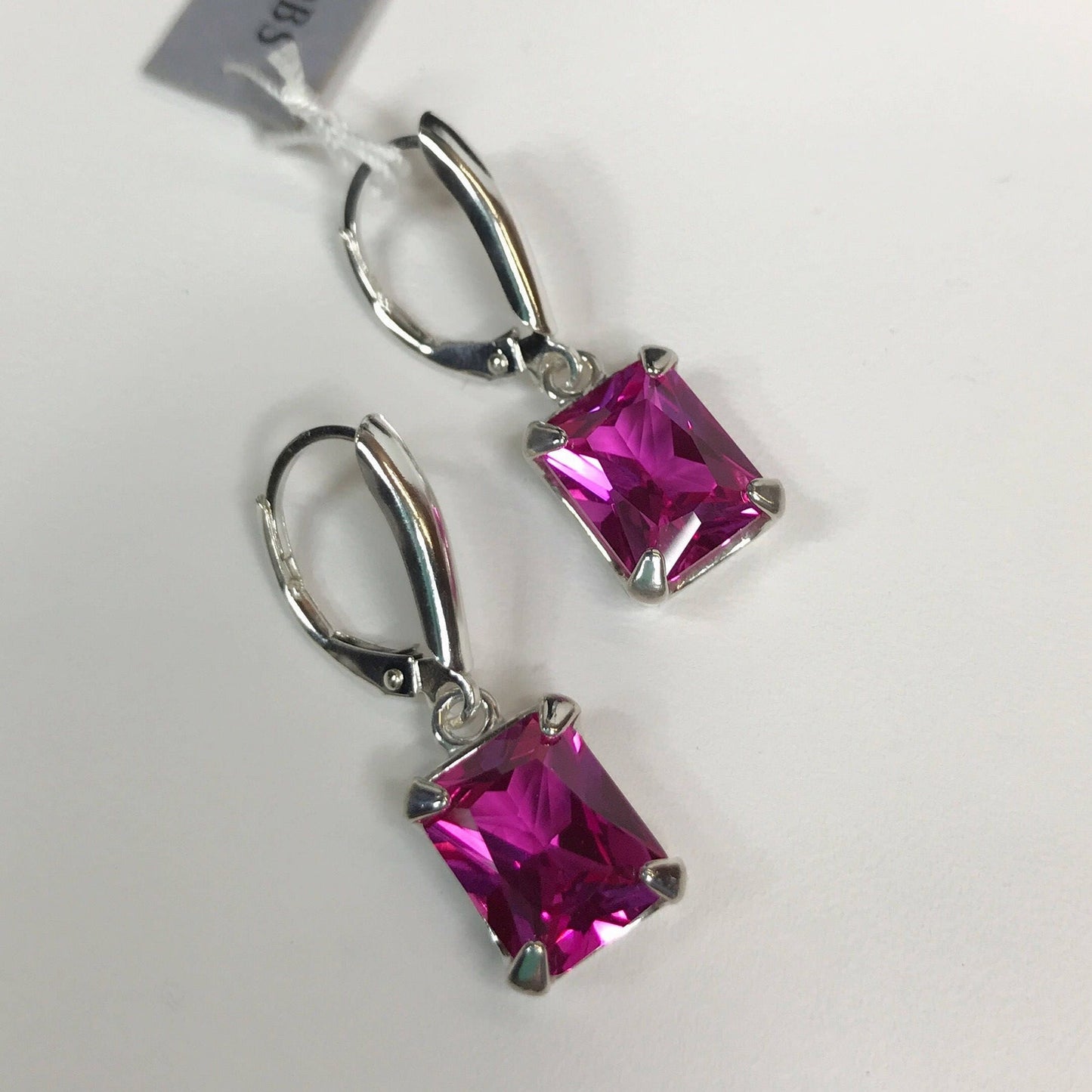 GORGEOUS 8ct Emerald Cut Pink Sapphire Earrings Sterling Silver Drop Dangle Leverback Trending Jewelry Gift Pink Stone