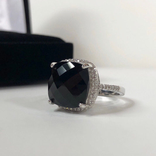 GORGEOUS 12ct Cushion Cut Black Onyx Ring Halo Ring