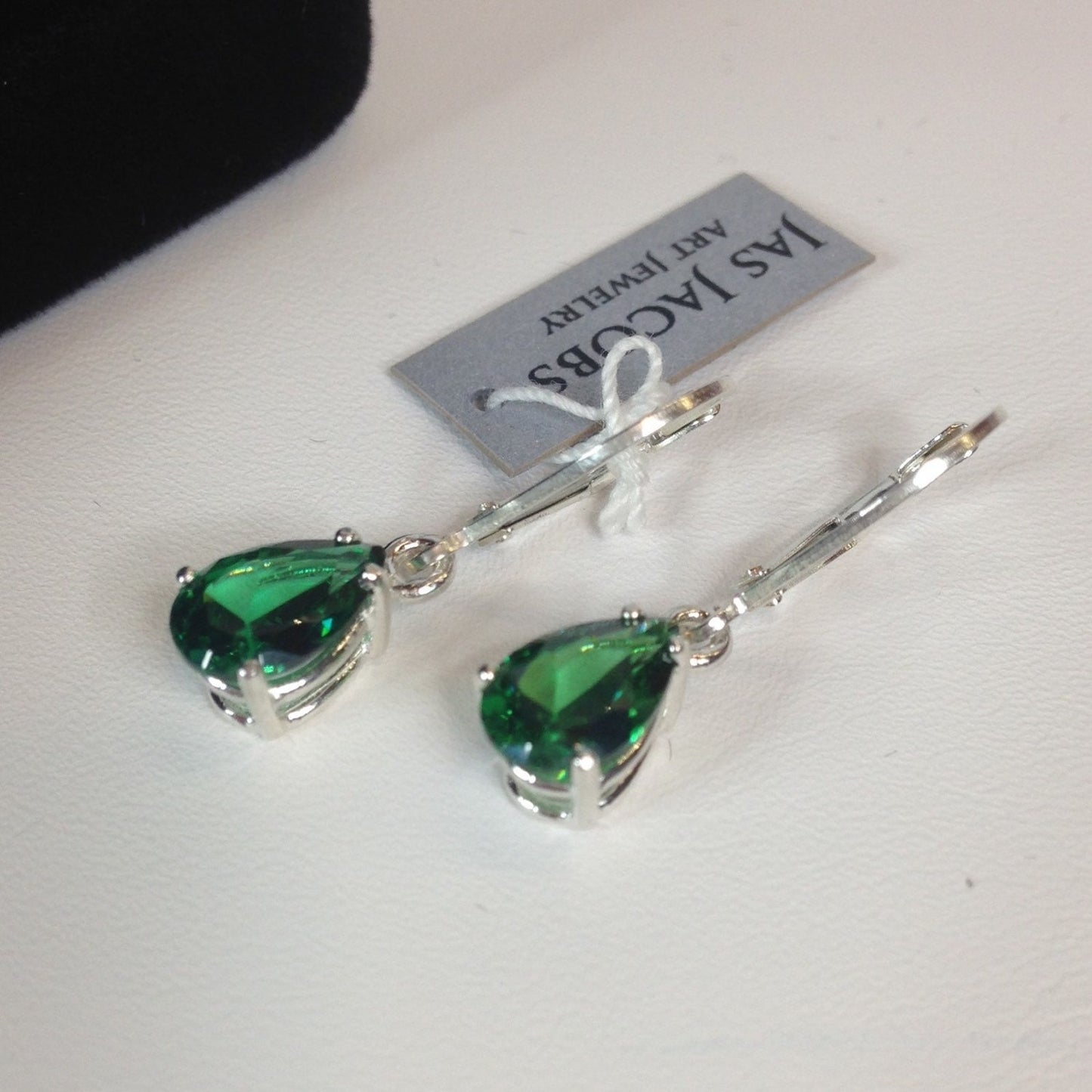 Beautiful 3ctw Pear Cut Emerald Earrings in Sterling Silver Dangle Leverbacks