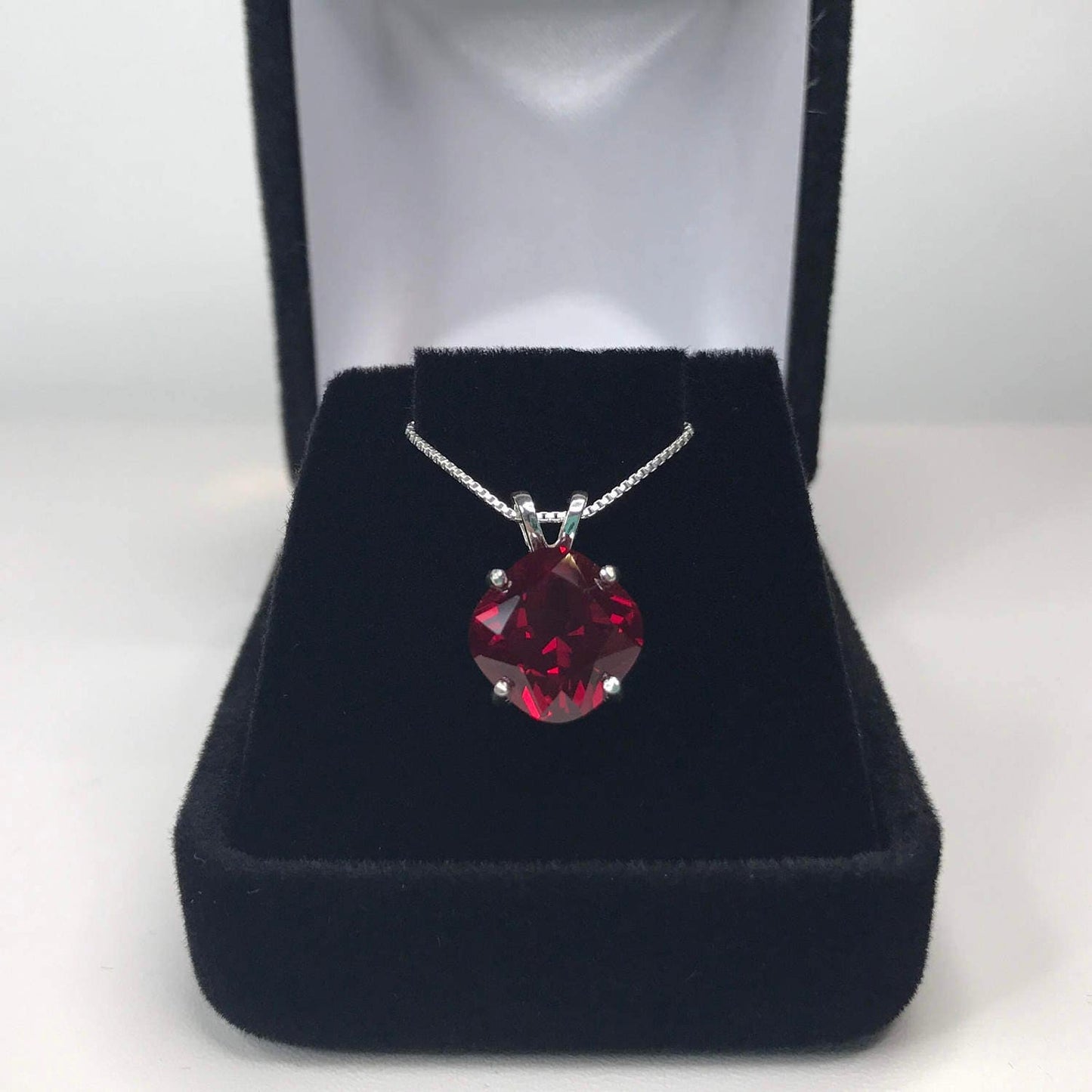 Beautiful 5ct Cushion Cut Lab Grown Ruby Necklace in Sterling Silver