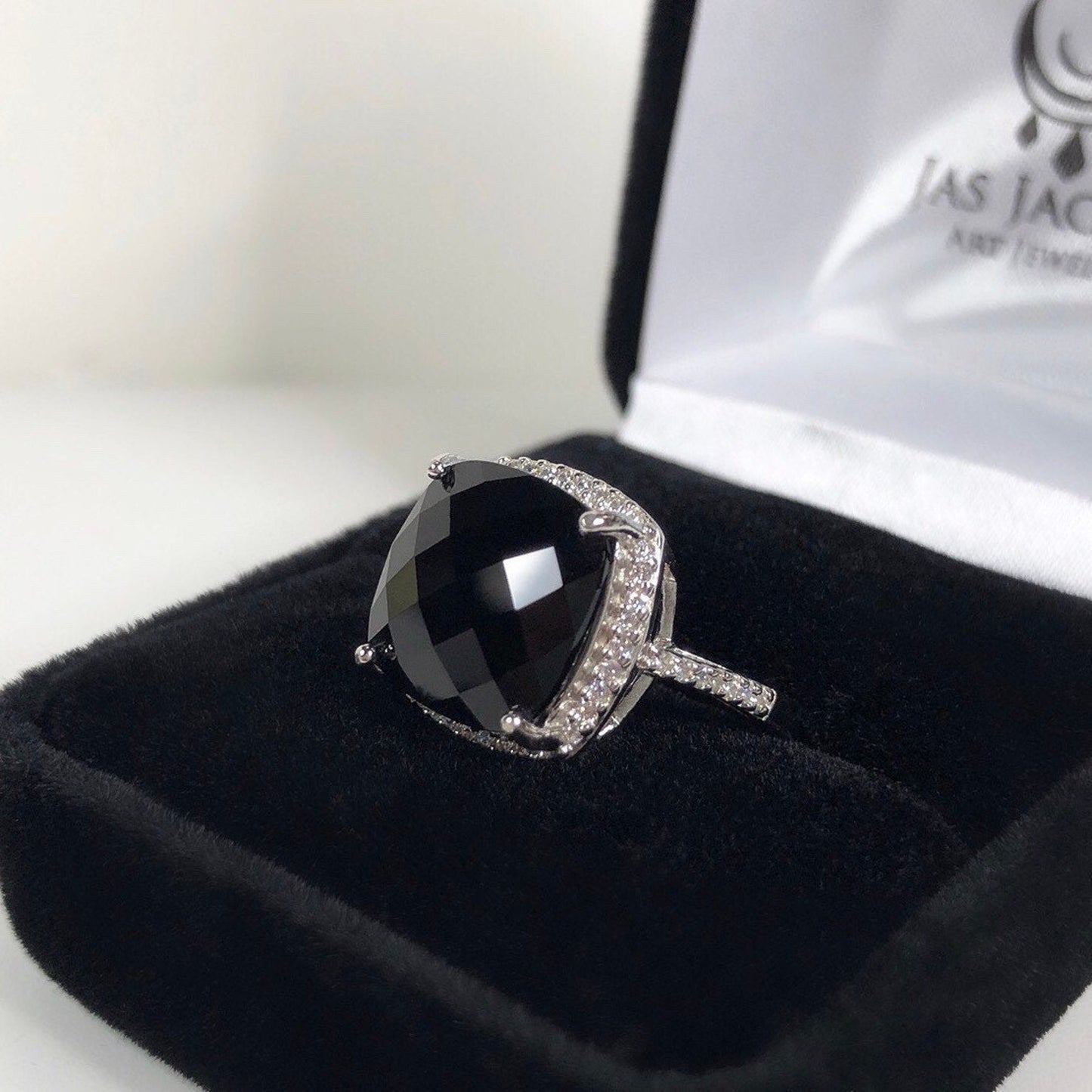 GORGEOUS 12ct Cushion Cut Black Onyx Ring Halo Ring