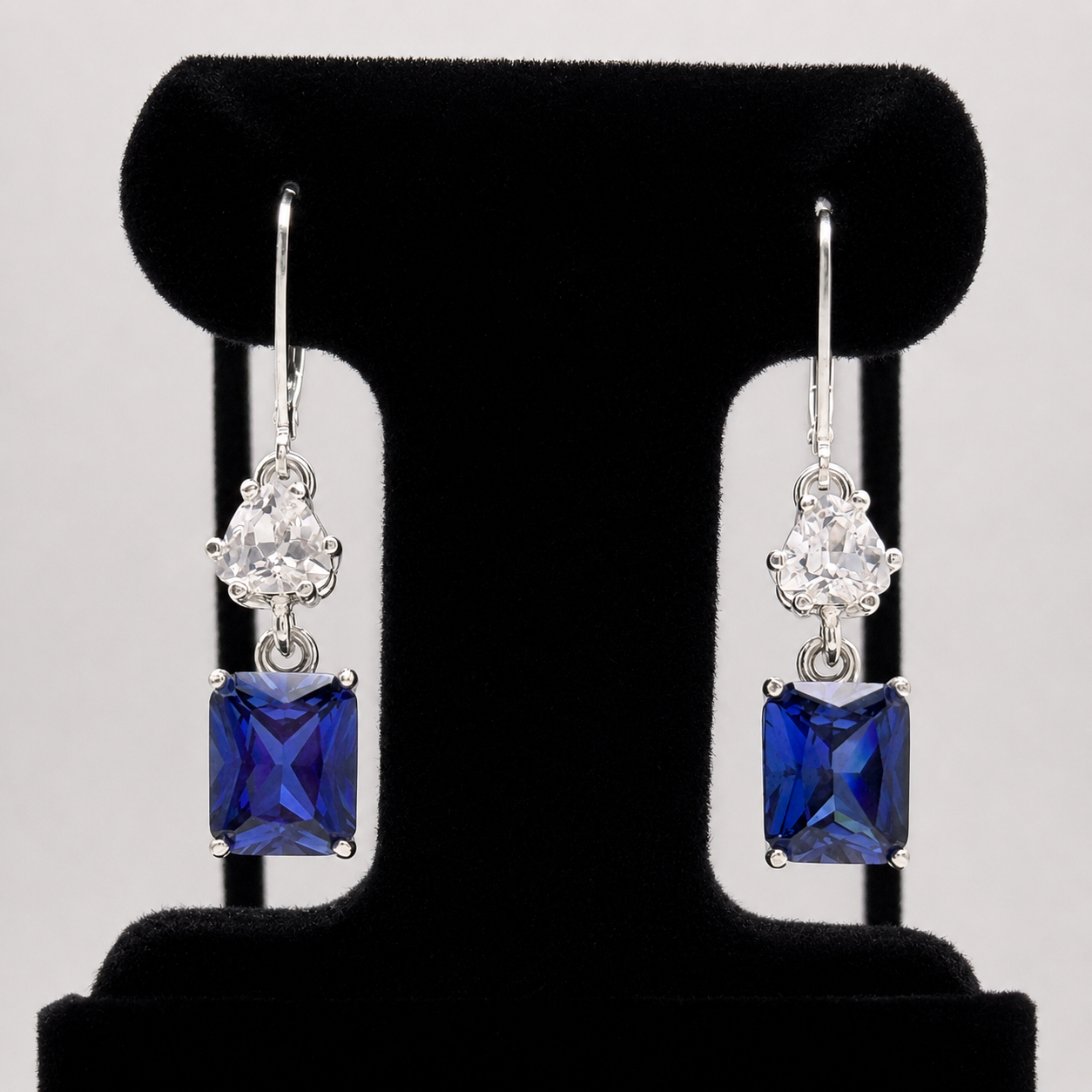 9ctw Emerald Cut Blue Sapphire & White Sapphire Dangle Earrings