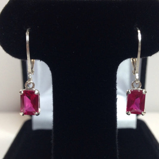 Beautiful 2ctw Emerald Cut Ruby Earrings in Sterling Silver Drop Dangle Earrings