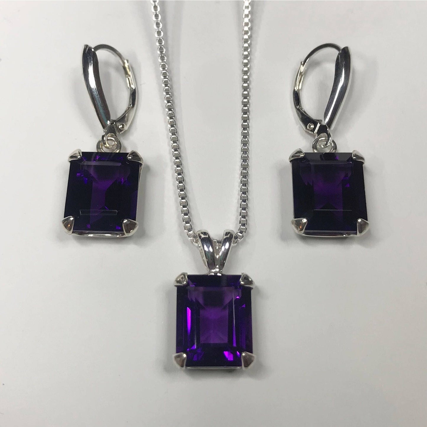 BEAUTIFUL 16.5ctw Emerald Cut Amethyst Earrings & Pendant Necklace Set Sterling Silver Trending Jewelry Gift February Birthstone