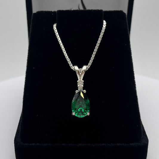 Beautiful 2.3ctw Pear Cut Emerald Necklace with White Sapphire Accent Pendant Necklace Jewelry Gift May Birthstone