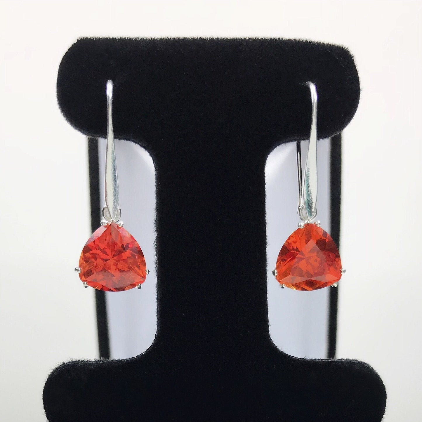 Beautiful 7ctw Trillion Cut Orange Padparadscha Sapphire & Sterling Silver Earrings Fine Jewelry Gift Orange Sapphire Triangle Drop