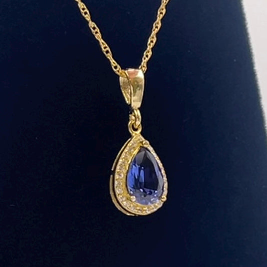 Beautiful 1.5ct Sapphire Necklace Halo Pendant 14k Yellow Gold Vermeil 16” 18” Bridal Jewelry Gift Teardrop