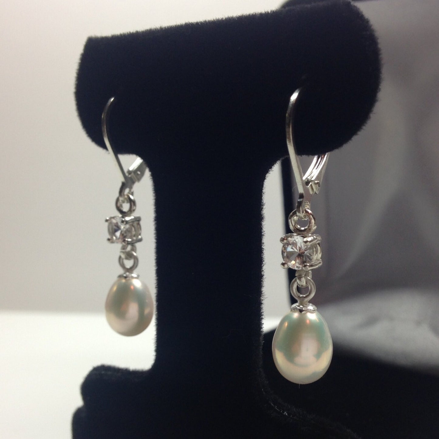 Genuine Pearl & White Sapphire Earrings in Sterling Silver Pearl Earrings