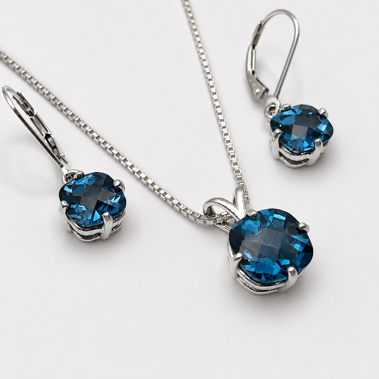 8ctw Cushion Cut London Blue Spinel Necklace and Earrings Set
