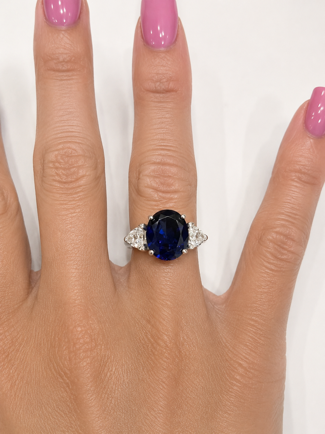 6ctw Oval Cut Blue Sapphire Three Stone Ring | Trillion Cut White Sapphires