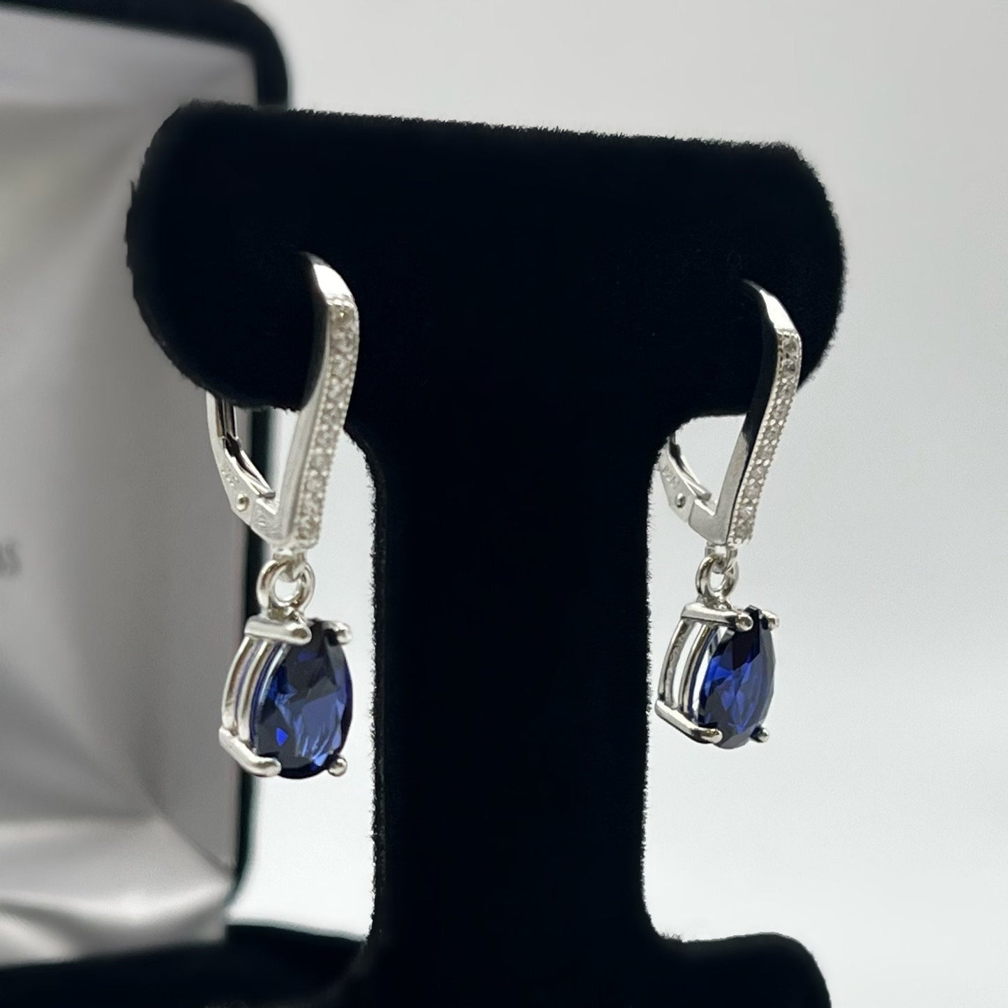 BEAUTIFUL 3.6ctw Blue Sapphire Sterling Silver Earrings Pear Cut Blue Sapphire Leverback Dangle Earrings Trending Jewelry Gift