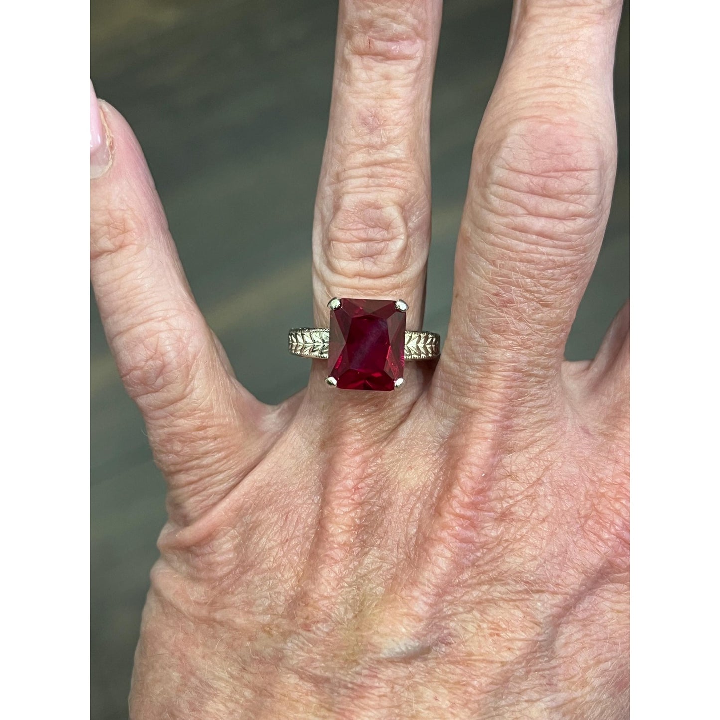 6ctw Emerald Cut Lab Ruby Ring Size 7 Carved Band