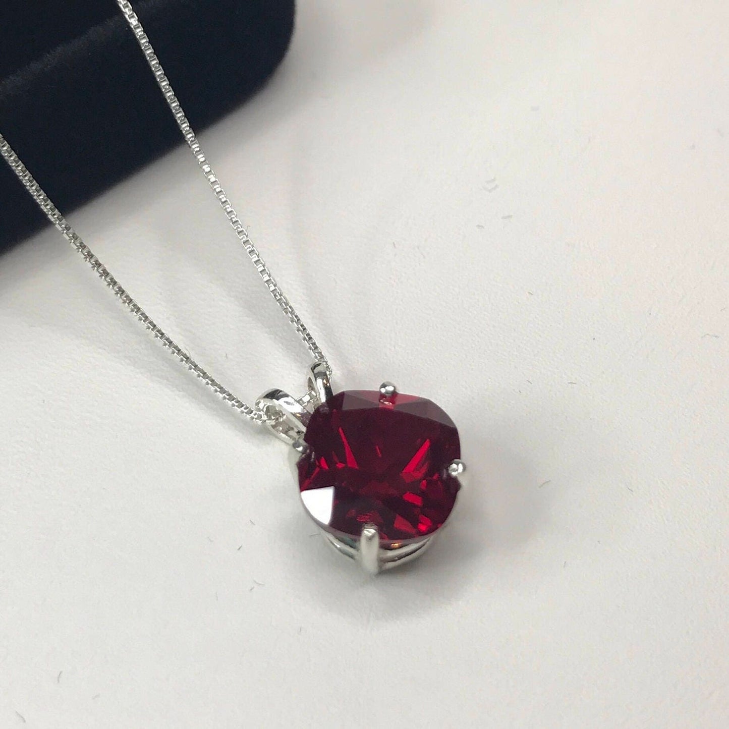 Beautiful 5ct Cushion Cut Lab Grown Ruby Necklace in Sterling Silver