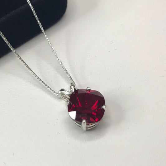Beautiful 5ct Cushion Cut Lab Grown Ruby Necklace in Sterling Silver