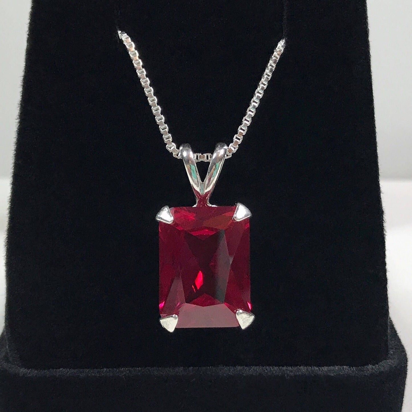 Beautiful 13ct Emerald Cut Ruby Sterling Silver Pendant Necklace Solitaire Jewelry Trends and Trending Gemstones July Gift Lab