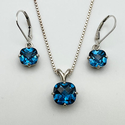 Beautiful 8ctw London Blue Spinel Necklace & Earrings Set Sterling Silver Jewelry Gifts Bridal London Blue Topaz Cushion Cut