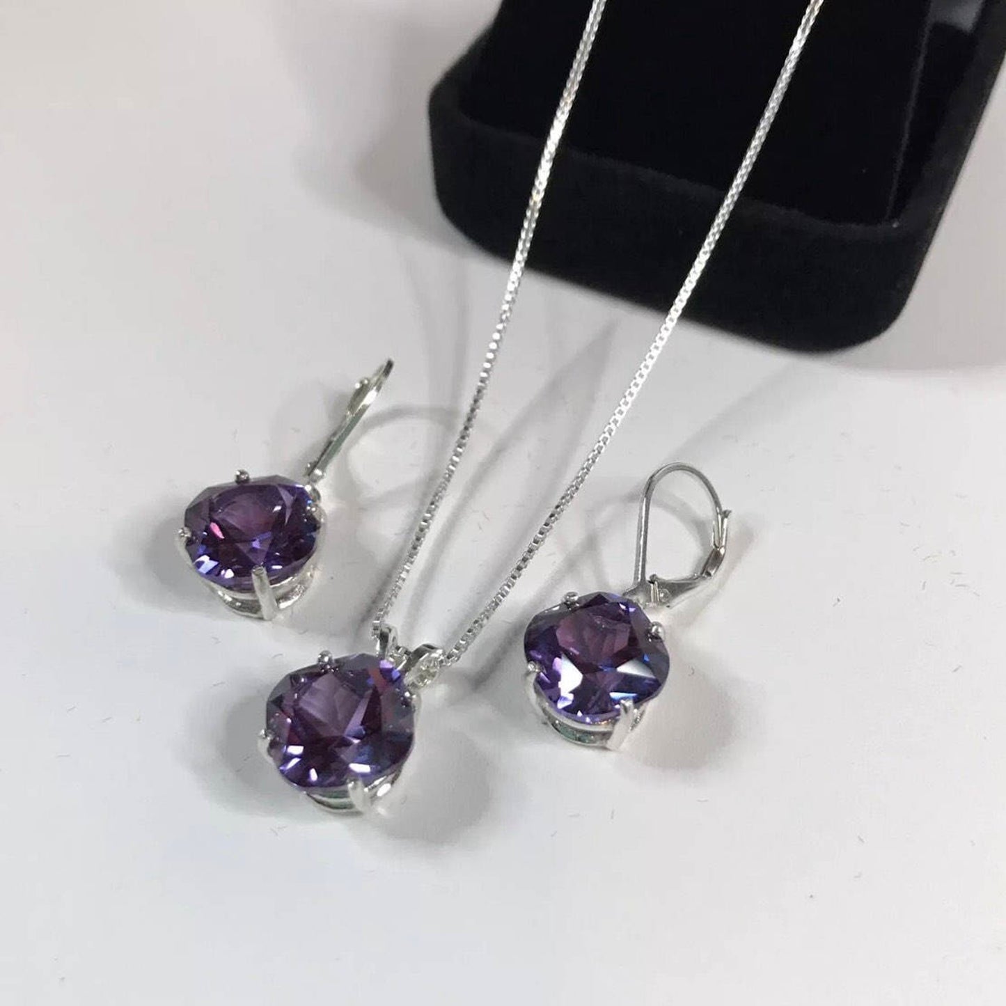 Gorgeous 15ctw Cushion Cut Alexandrite Necklace & Earrings Set Color Change June Birthstone Holiday Jewelry Gift