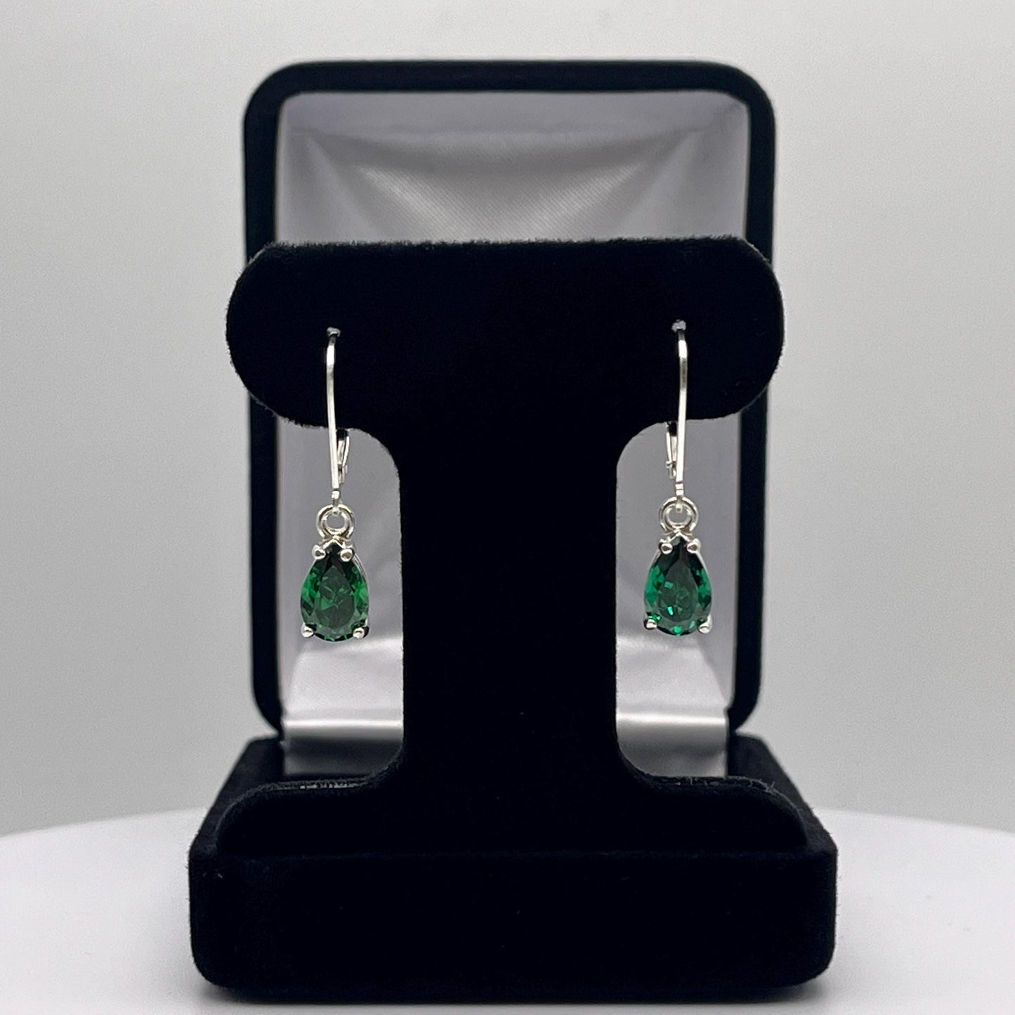 Beautiful 3ctw Pear Cut Emerald Earrings in Sterling Silver Dangle Leverbacks