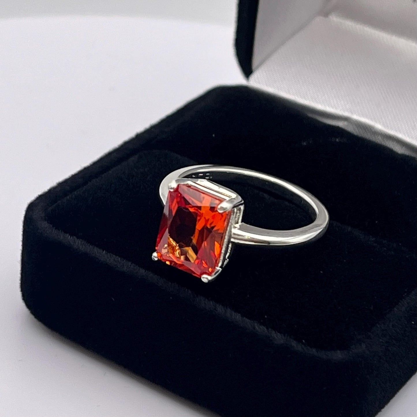 Beautiful 4ct Emerald Cut Orange Sapphire Ring Padparadscha Ring with Sizing Sterling Silver Ring Trending Jewelry Gift September Birthstone