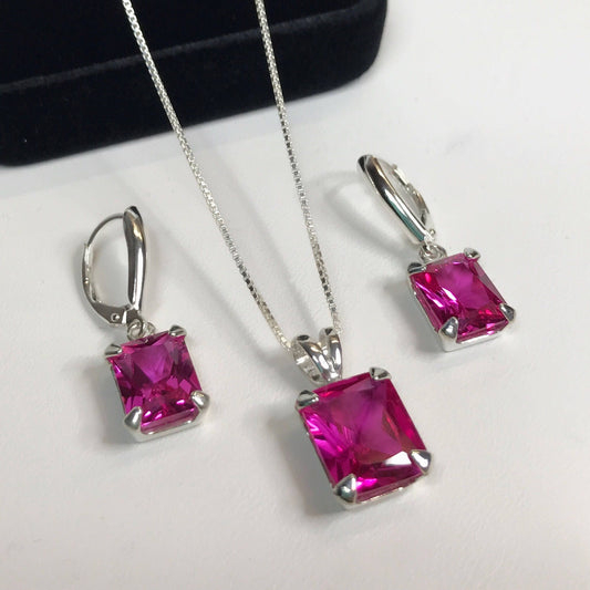 Gorgeous 14ctw Emerald Cut Pink Sapphire Earrings & Pendant Necklace Set in Sterling Silver