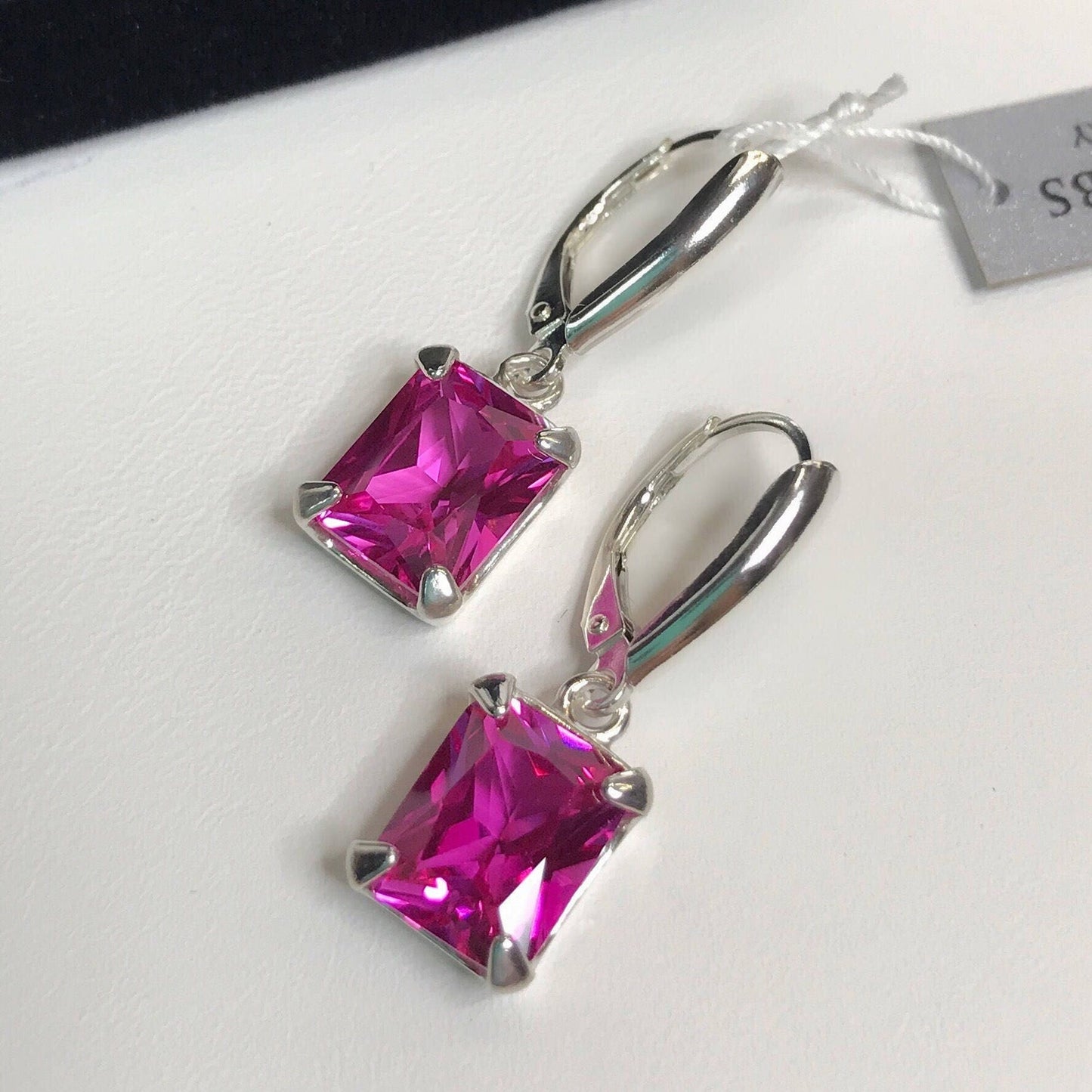 GORGEOUS 8ct Emerald Cut Pink Sapphire Earrings Sterling Silver Drop Dangle Leverback Trending Jewelry Gift Pink Stone