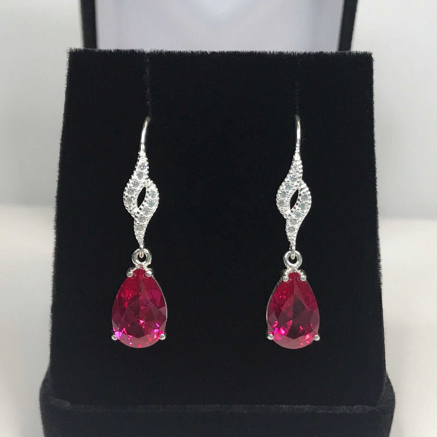 Beautiful 10ctw Pear Cut Ruby Earrings White Sapphire Earrings Pear Drop Dangle
