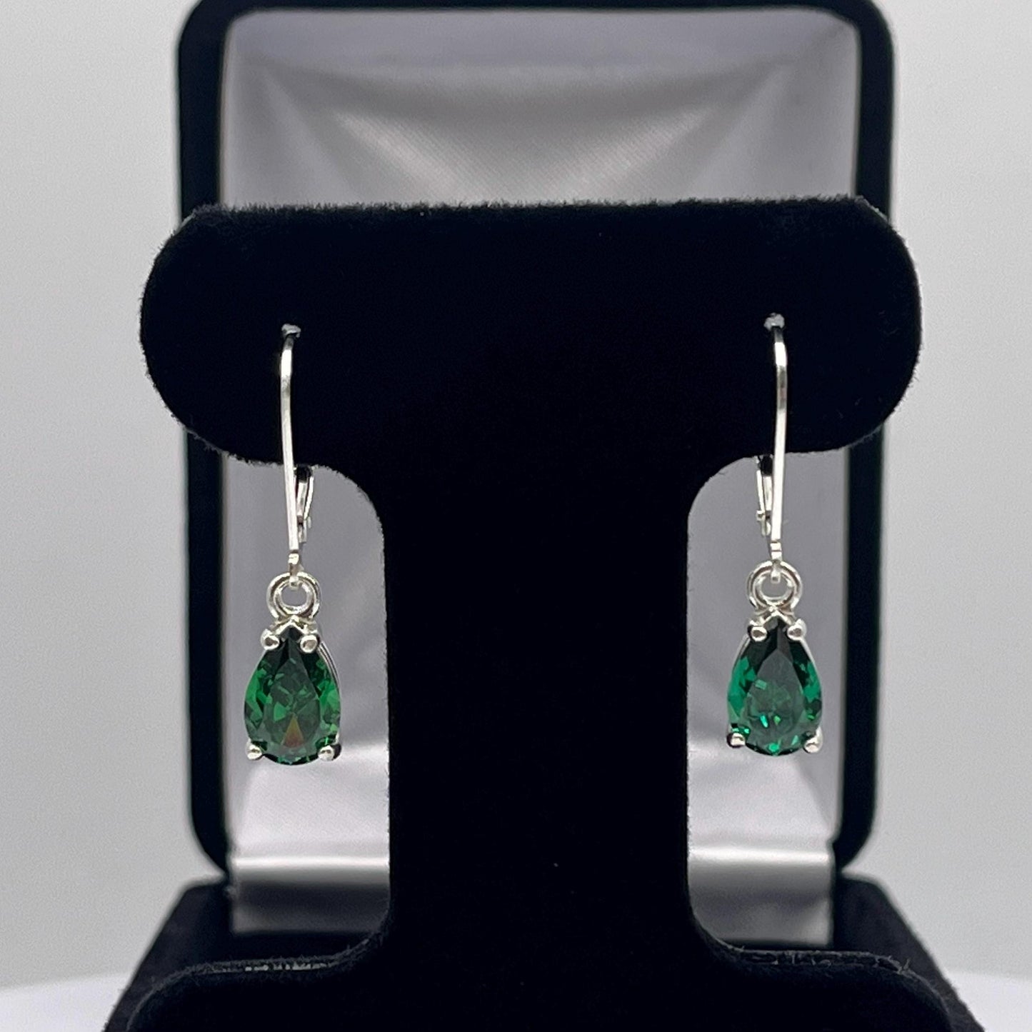 Beautiful 3ctw Pear Cut Emerald Earrings in Sterling Silver Dangle Leverbacks