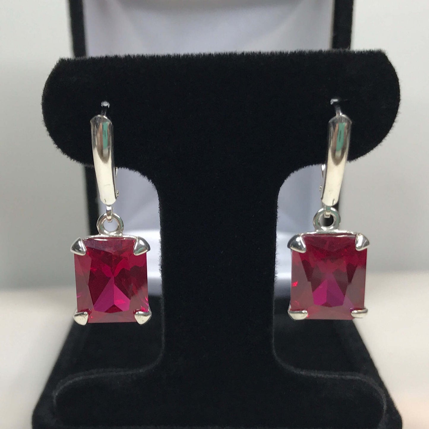 GORGEOUS 14ctw Emerald Cut Ruby Earrings in Sterling Silver