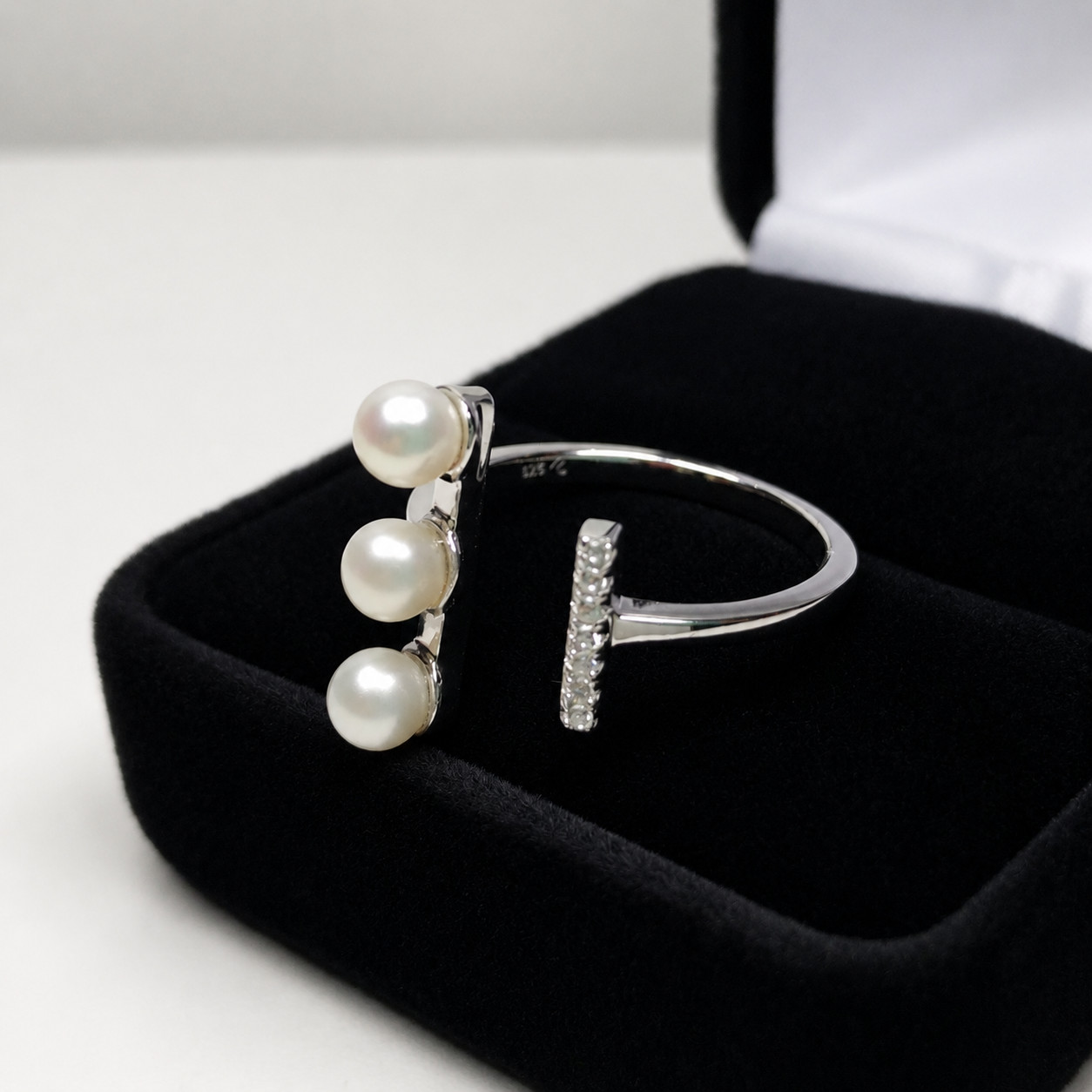 Sterling Silver Pearl Ring with Cubic Zirconia Accents | Adjustable Minimalist Pearl Ring for Women | Elegant Everyday Jewelry