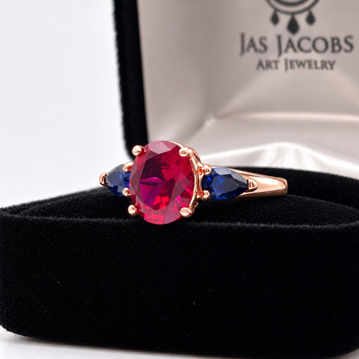 4.5ctw Oval Ruby & Blue Sapphire Three-Stone Statement Ring
