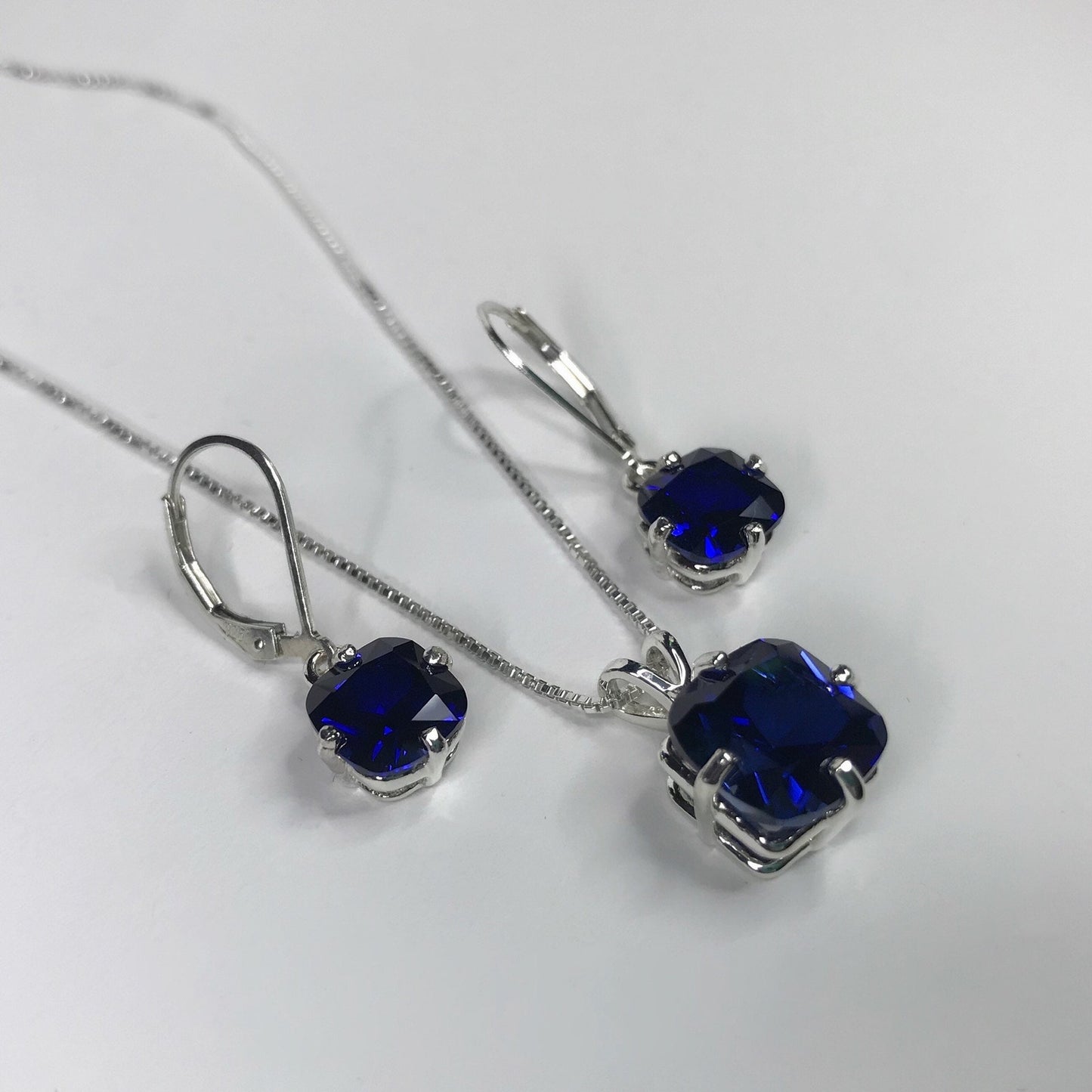 GORGEOUS 10ctw Cushion Cut Sapphire Earrings & Pendant Necklace Set Sterling Silver Leverback Jewelry Gift Blue