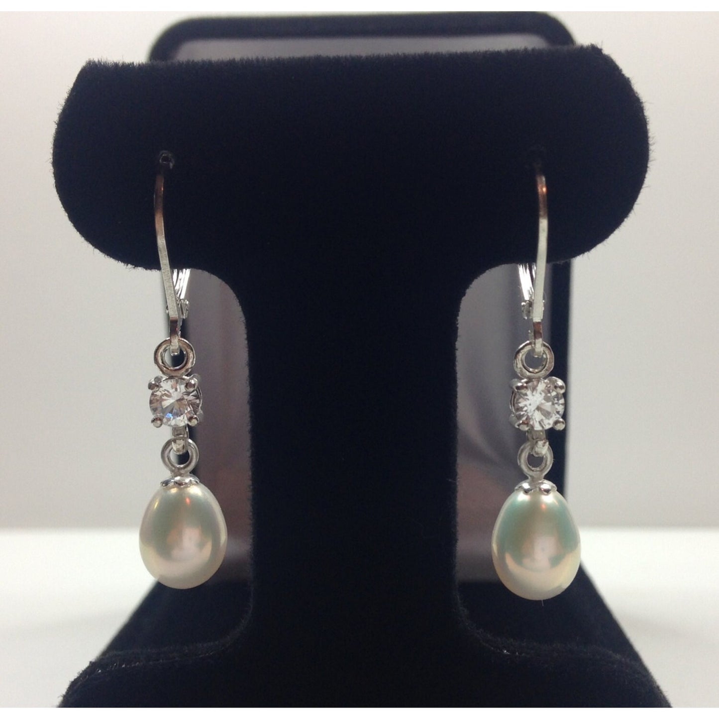 Genuine Pearl & White Sapphire Earrings in Sterling Silver Pearl Earrings