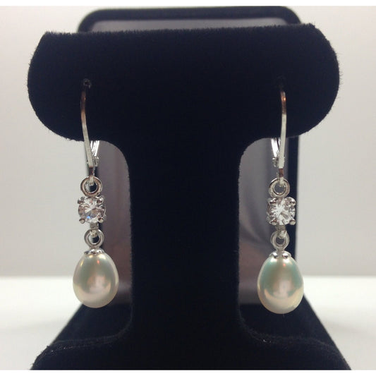 Genuine Pearl & White Sapphire Earrings in Sterling Silver Pearl Earrings