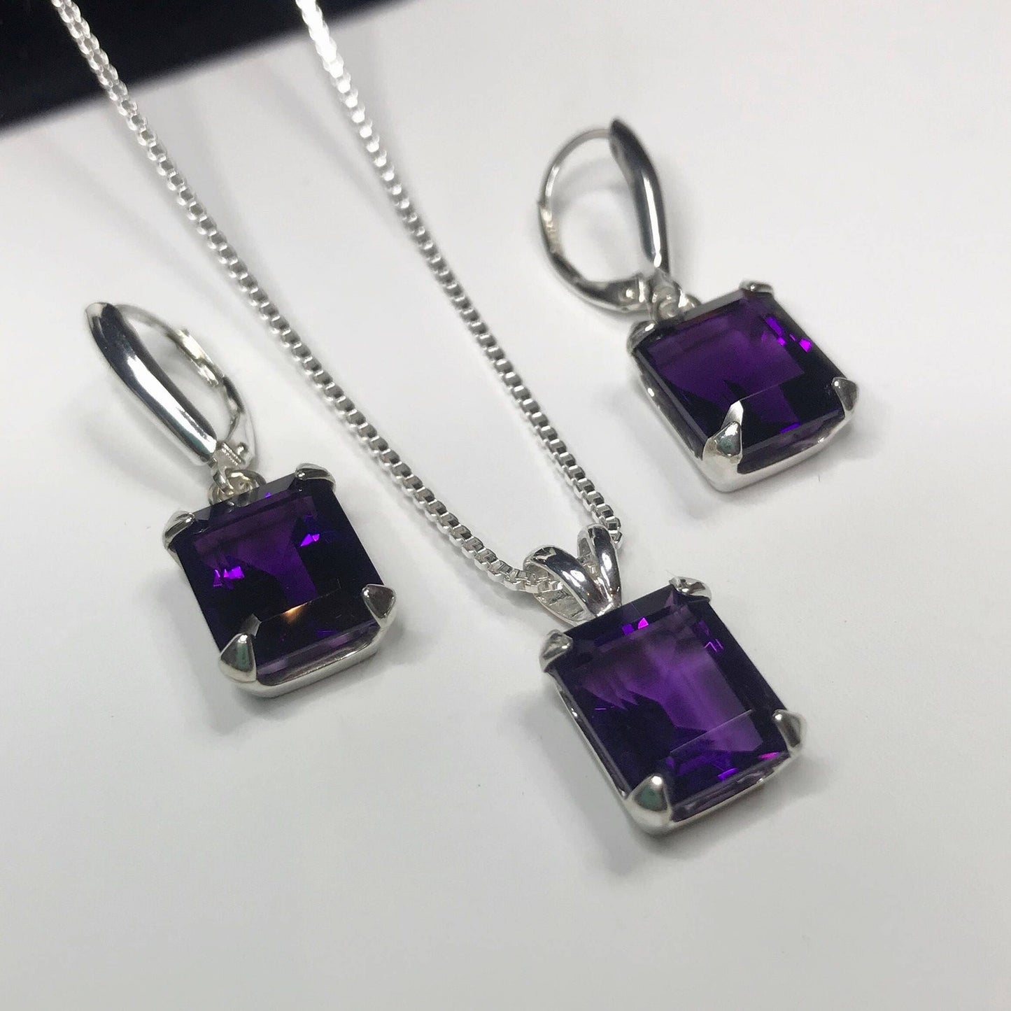 BEAUTIFUL 16.5ctw Emerald Cut Amethyst Earrings & Pendant Necklace Set Sterling Silver Trending Jewelry Gift February Birthstone