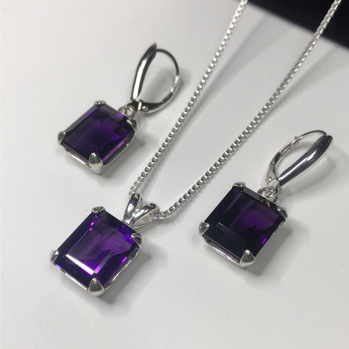 BEAUTIFUL 16.5ctw Emerald Cut Amethyst Earrings & Pendant Necklace Set Sterling Silver Trending Jewelry Gift February Birthstone