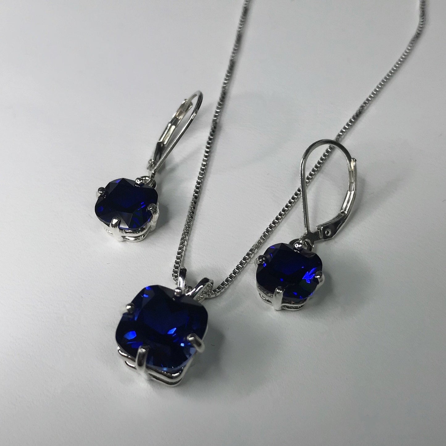 GORGEOUS 10ctw Cushion Cut Sapphire Earrings & Pendant Necklace Set Sterling Silver Leverback Jewelry Gift Blue