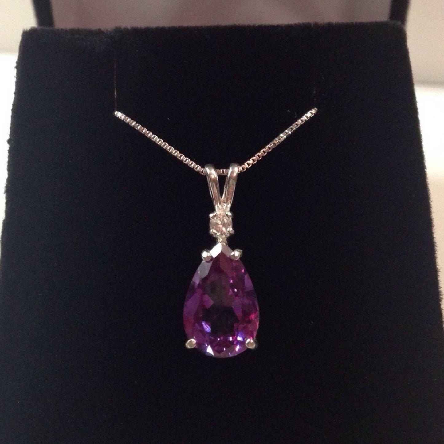 BEAUTIFUL 7ct Alexandrite & White Sapphire Sterling Silver Pear Pendant Necklace Jewelry Gift Color Change June Birthday