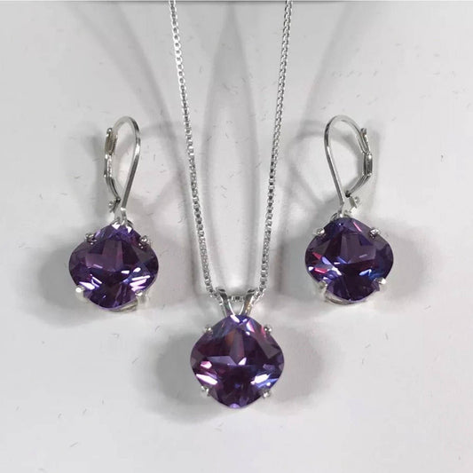 Gorgeous 15ctw Cushion Cut Alexandrite Necklace & Earrings Set Color Change June Birthstone Holiday Jewelry Gift