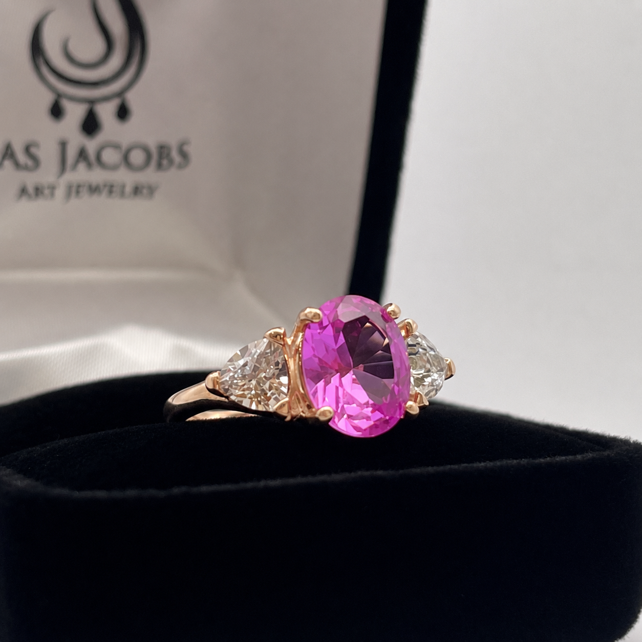 Vivid Pink Sapphire & White Sapphire Three-Stone Ring