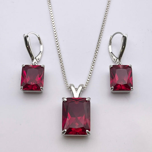 Gorgeous 27ctw Emerald Cut Ruby Necklace & Earrings Set in Sterling Silver