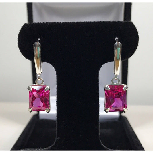 GORGEOUS 8ct Emerald Cut Pink Sapphire Earrings Sterling Silver Drop Dangle Leverback Trending Jewelry Gift Pink Stone