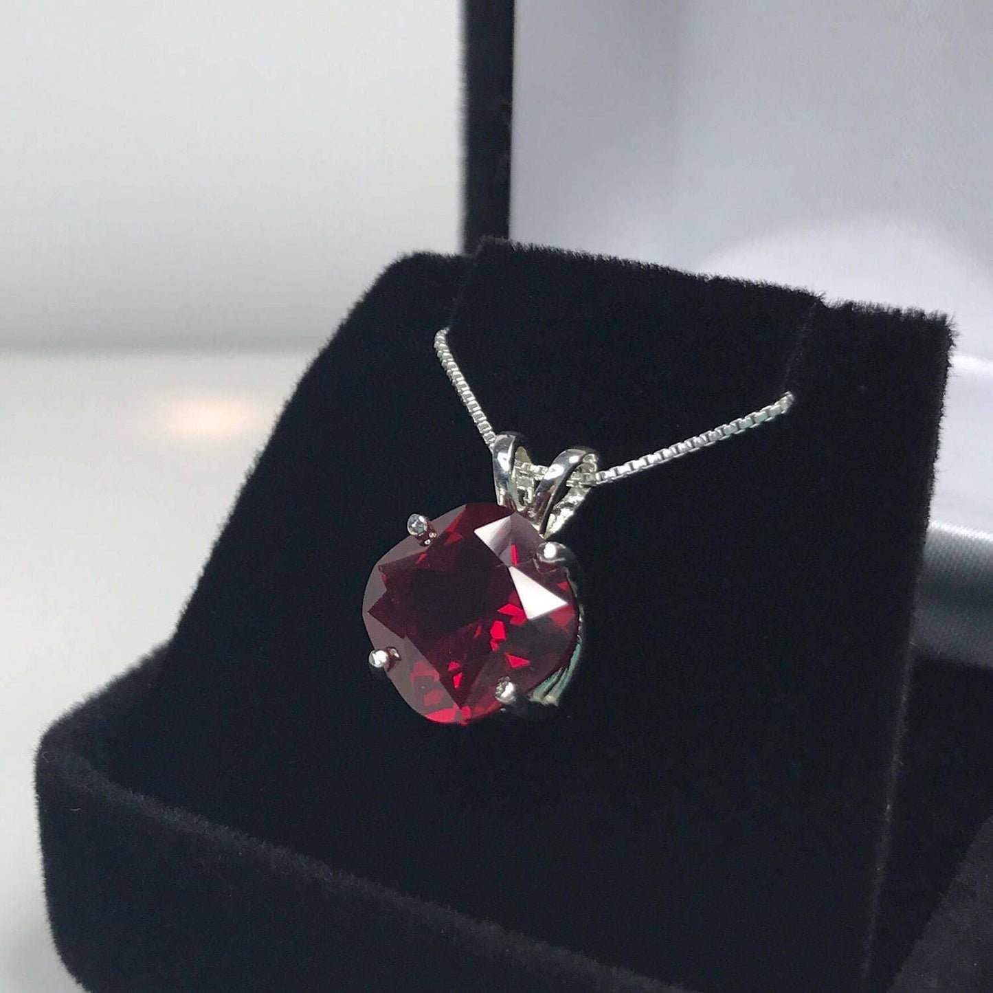 Beautiful 5ct Cushion Cut Lab Grown Ruby Necklace in Sterling Silver