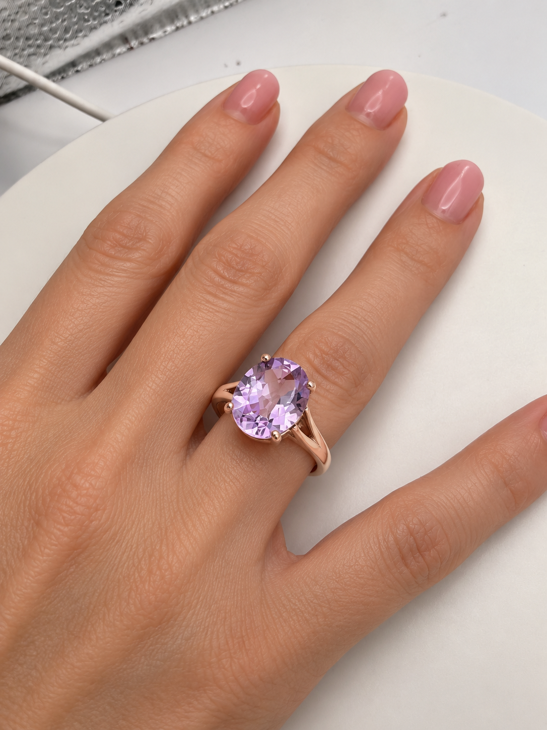 4.5ct Oval Rose de France Amethyst Ring in Solid Gold