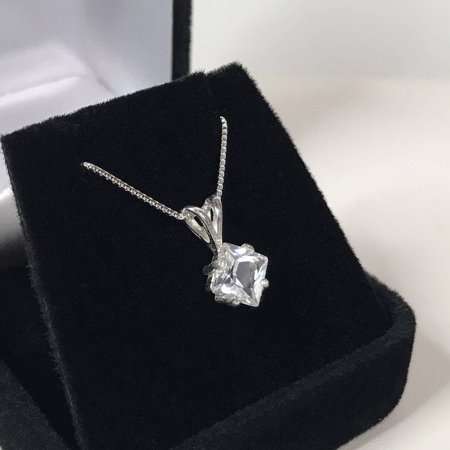 Beautiful 1.2ct Princess Cut White Sapphire Necklace 14kt Gold or Sterling Silver Solitaire Pendant Trending Jewelry Gift Wife Mother Bride