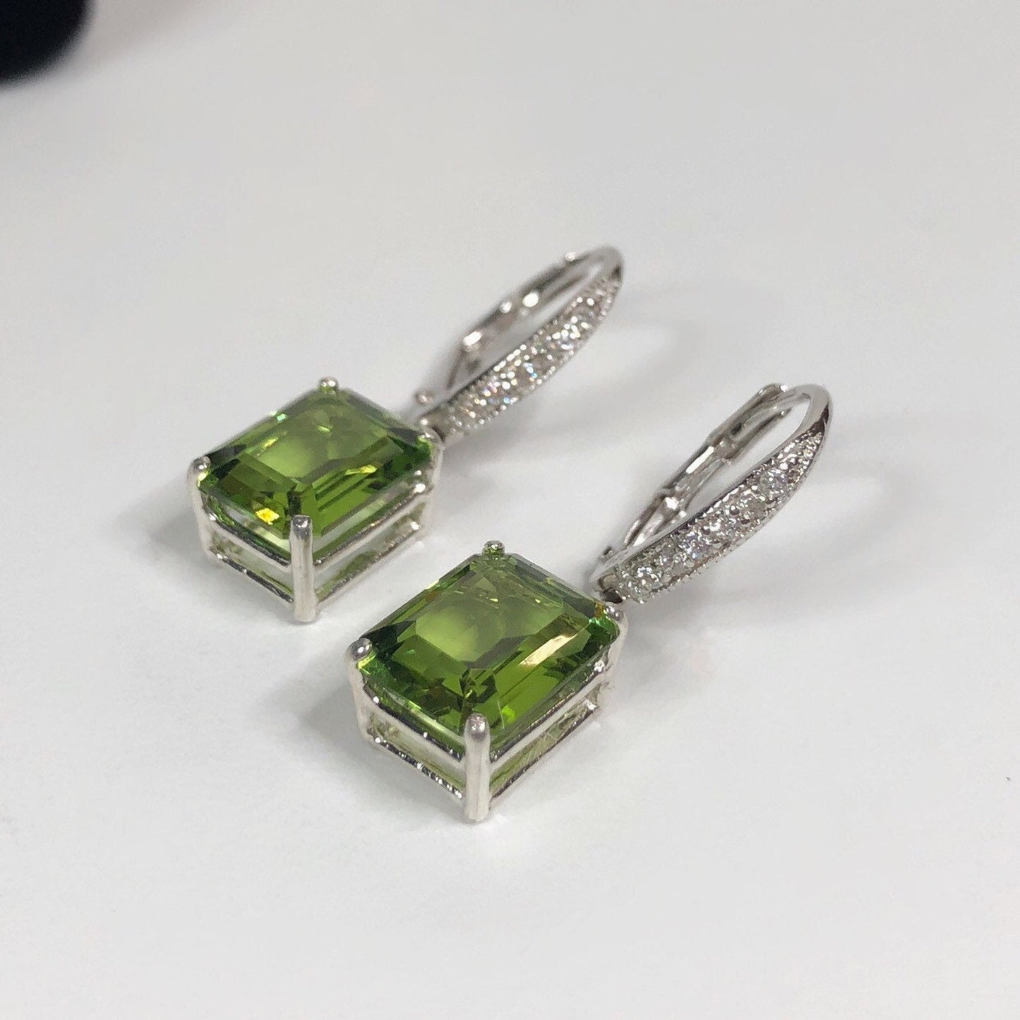 Beautiful 7.3ctw Emerald Cut Peridot Earrings with White Sapphire Accents in Sterling Silver