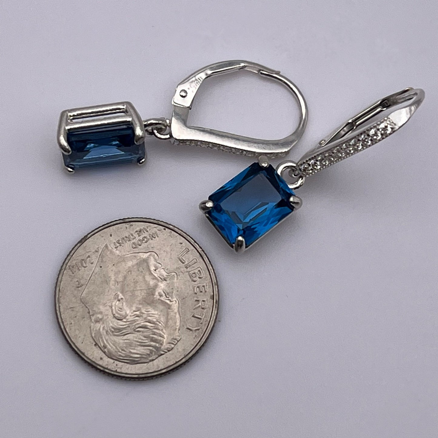 BEAUTIFUL 6ctw Emerald Cut London Blue Spinel Earrings in Sterling Silver