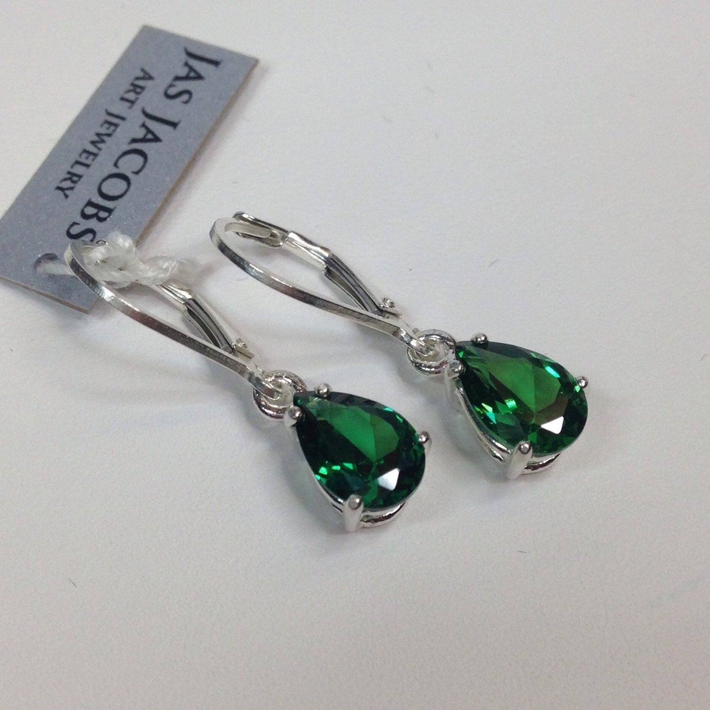 Beautiful 3ctw Pear Cut Emerald Earrings in Sterling Silver Dangle Leverbacks